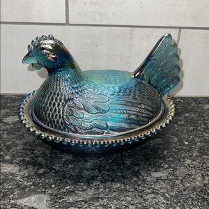 Fenton/Indiana Iridescent Glass Hen on Nest Dish. Candy dish. Perfect condition.